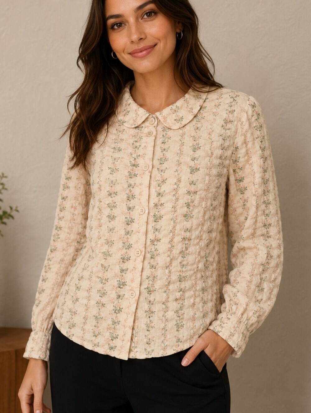 PEACH Floral Butterfly Puckered Peter Pan Button-Up Long Sleeve Shirt